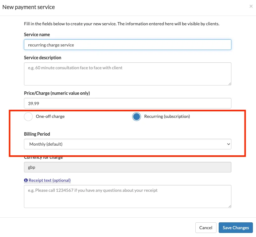 recurring payment service setup